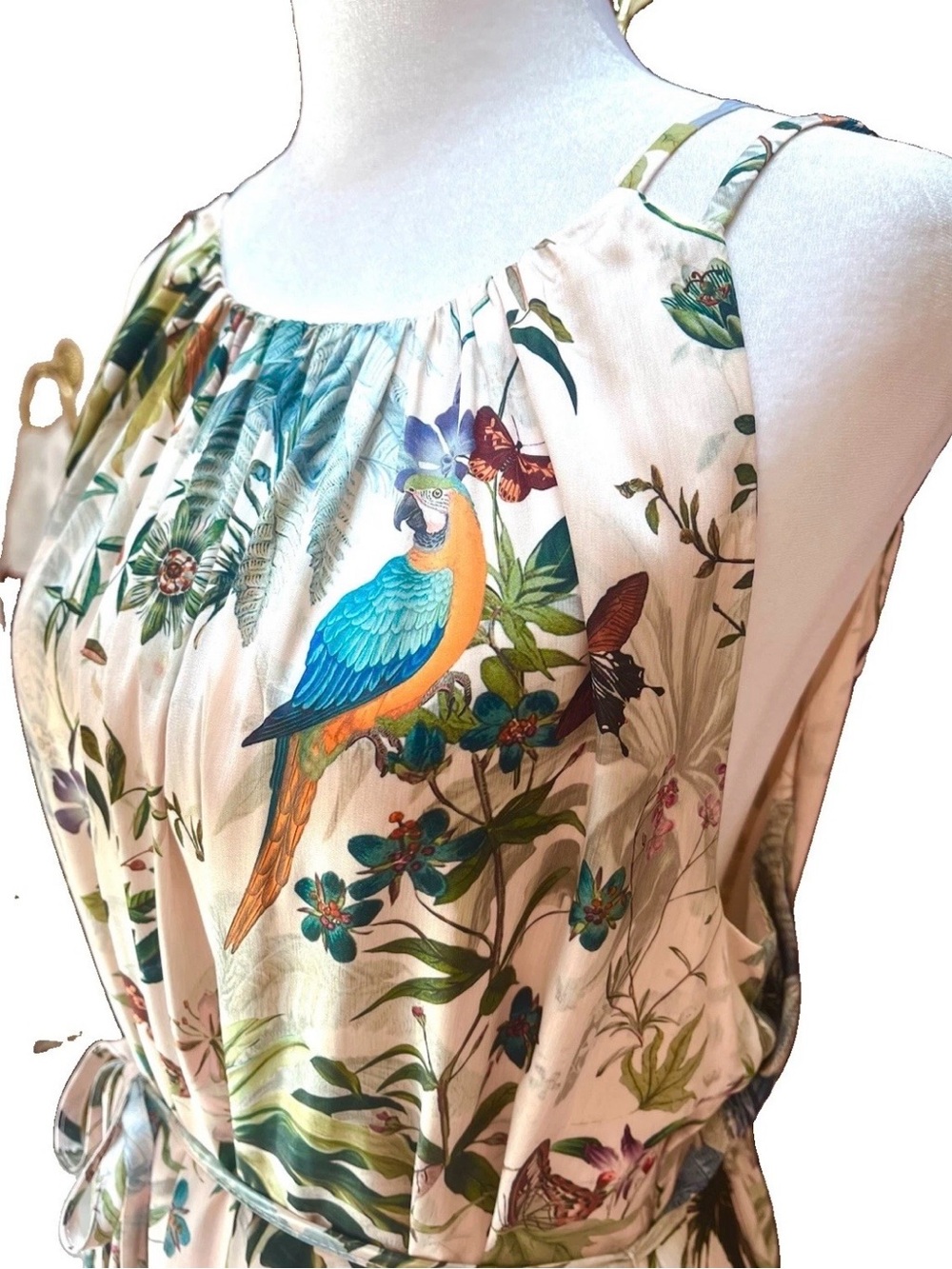 H&M Conscious Tropical Bird & Floral Silky Lined Halter Maxi Dress - Size 12